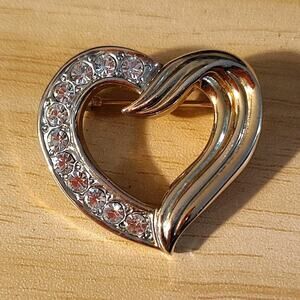 Heart Brooch Gold Tone Clear Rhinestone Crystal Pin Love Theme
